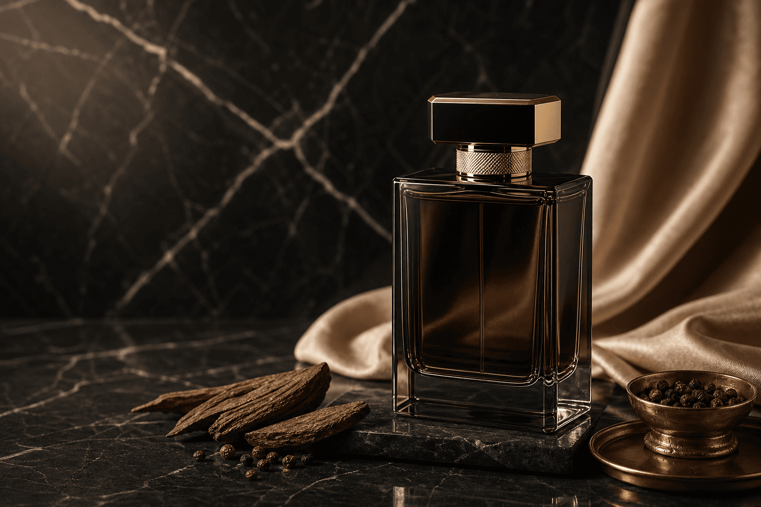 Masculine perfume bottle styled with oud wood, spice, charcoal marble, and gold accents