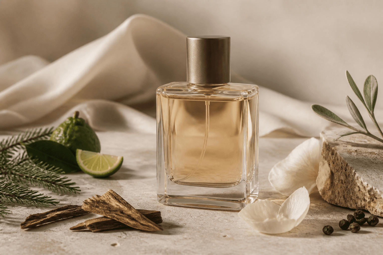 Minimal unisex perfume bottle on neutral stone with refined fragrance notes