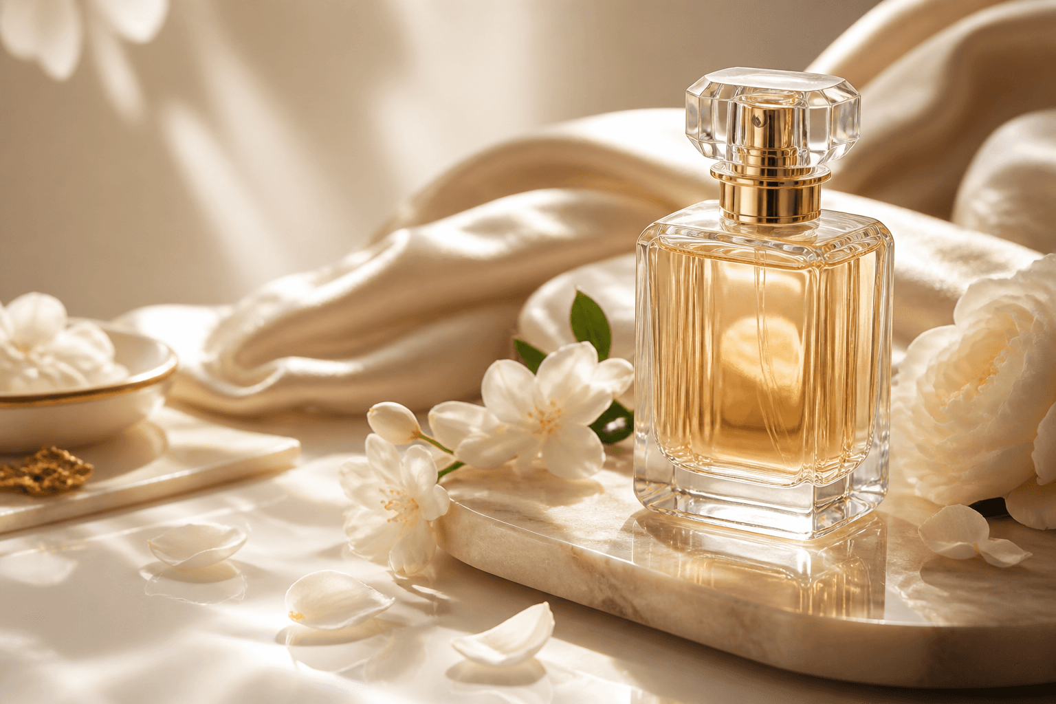 Elegant perfume bottle with white florals, cream silk, and warm gold light