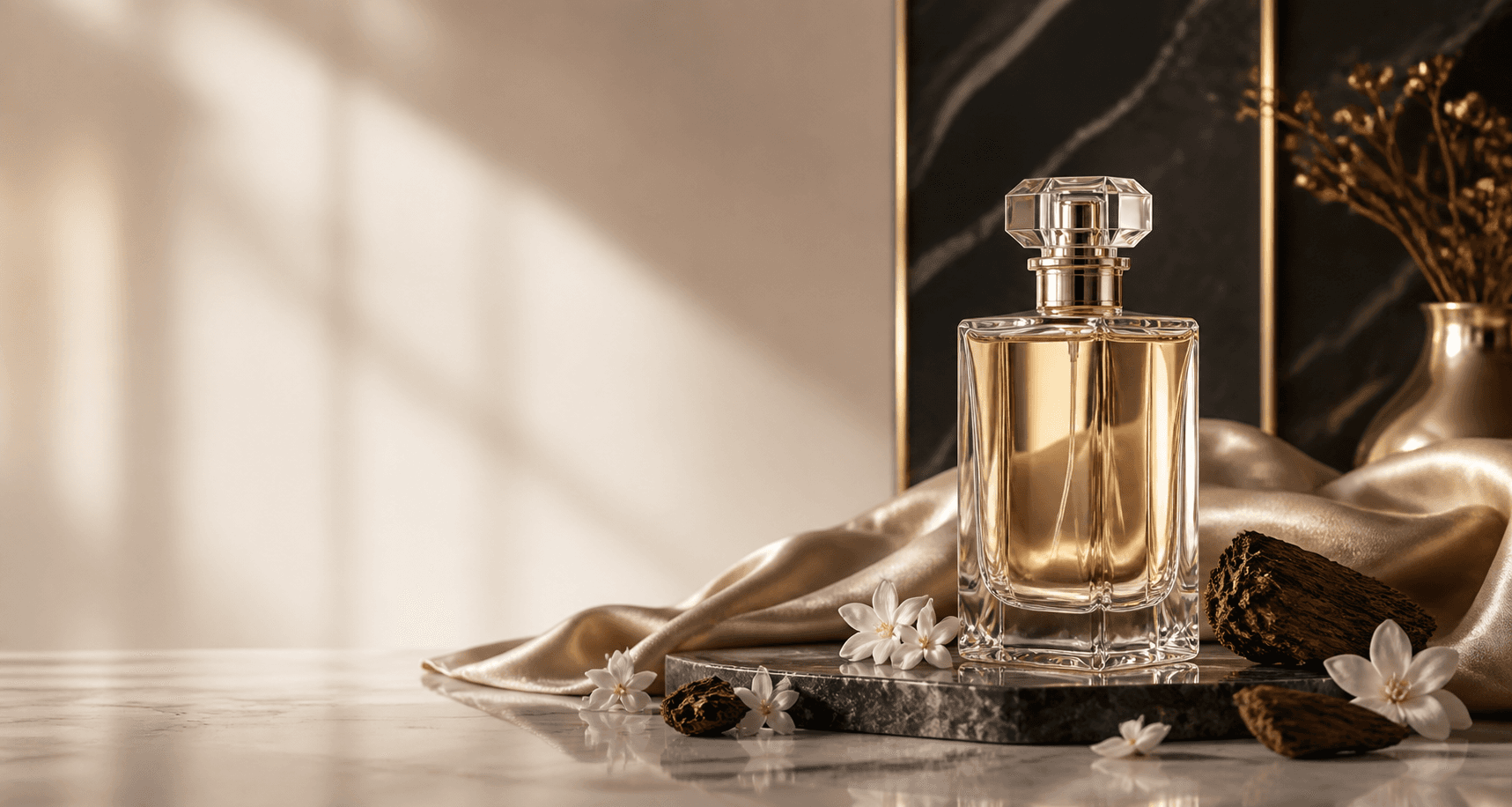 Luxury perfume bottle styled with cream silk, jasmine flowers, oud wood, and gold accents