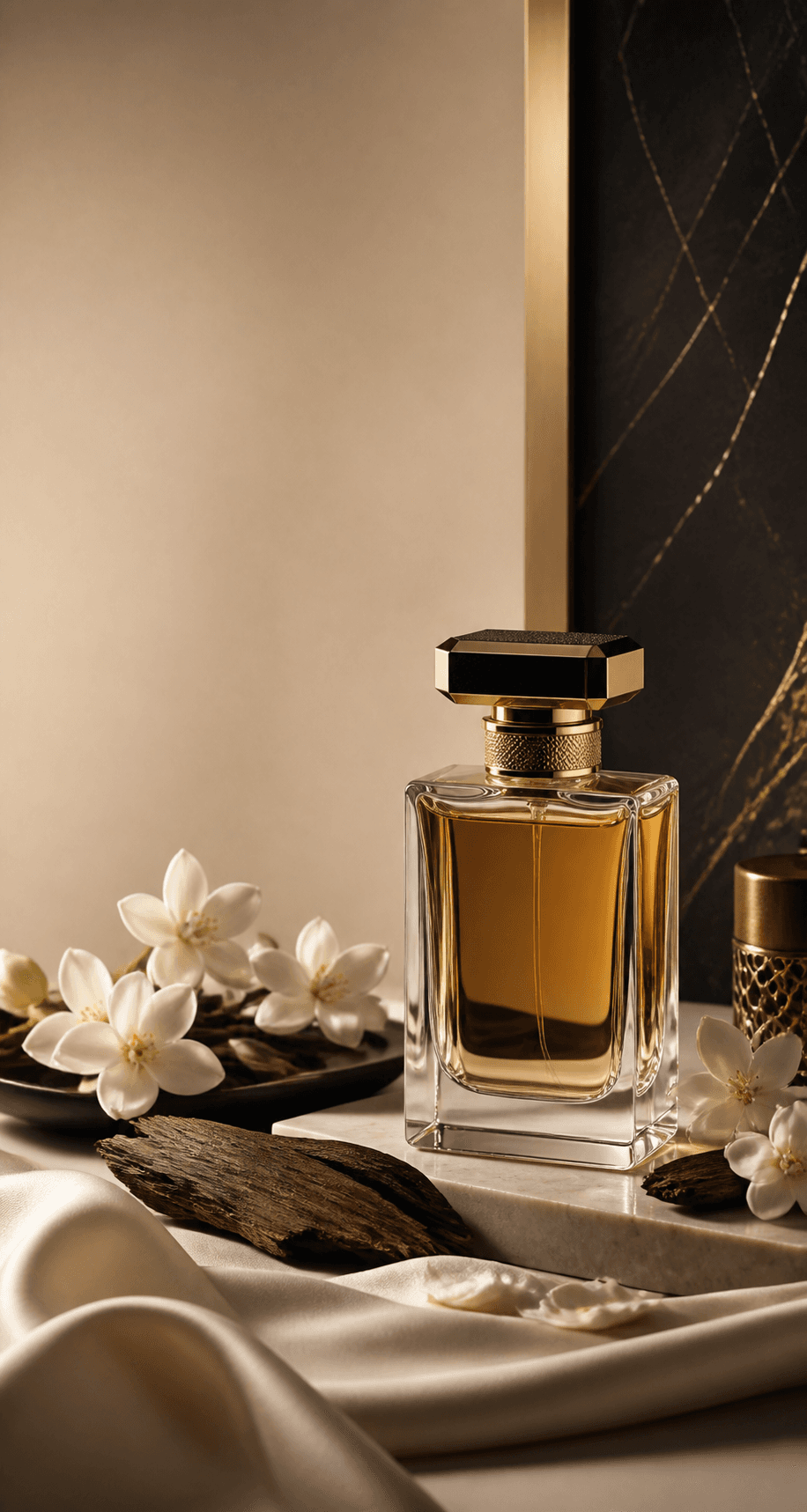 Luxury perfume bottle with jasmine flowers and oud wood in a warm premium setting